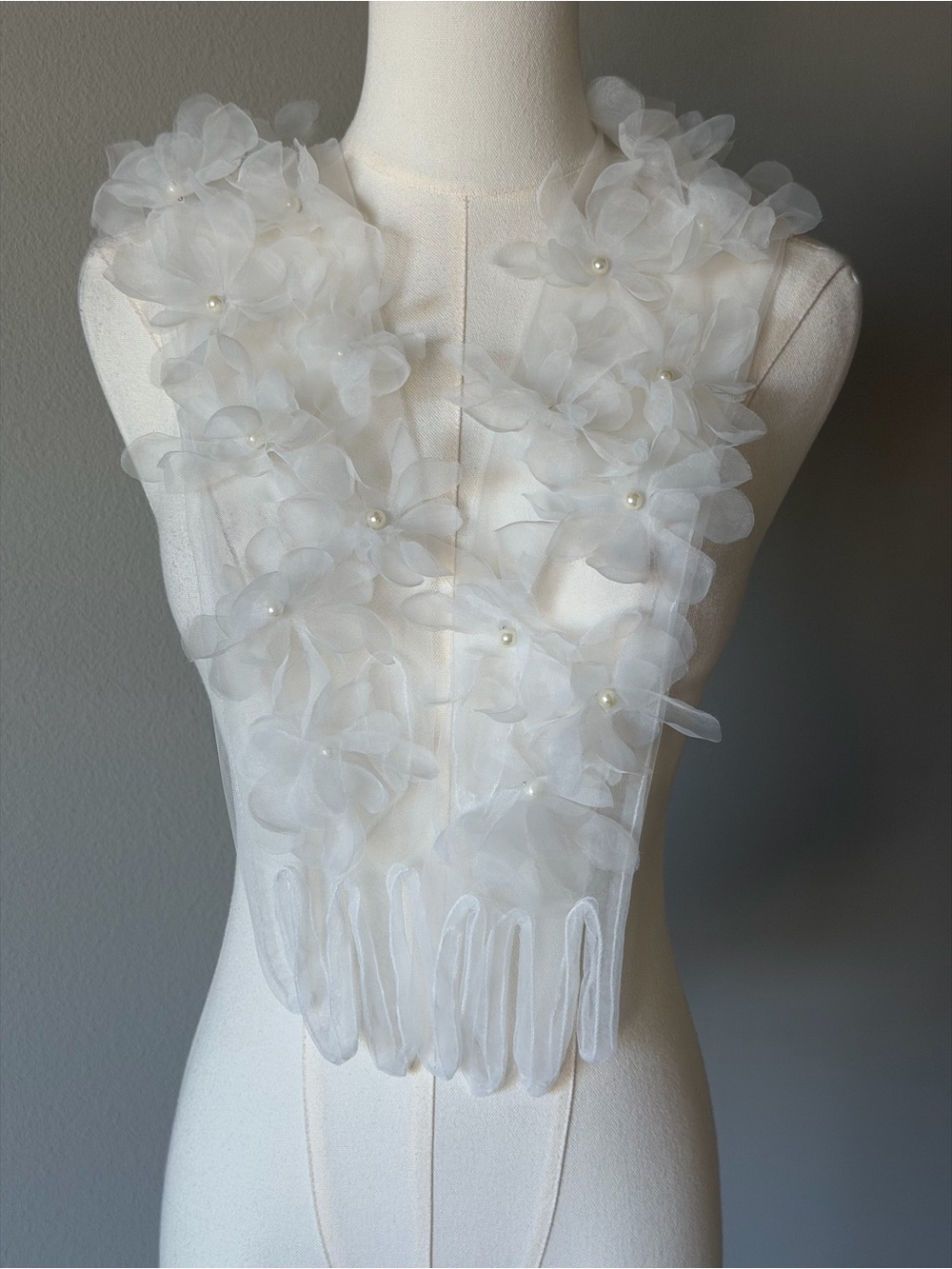 Sheer White Floral Mesh Gloves with Faux Pearl Accents